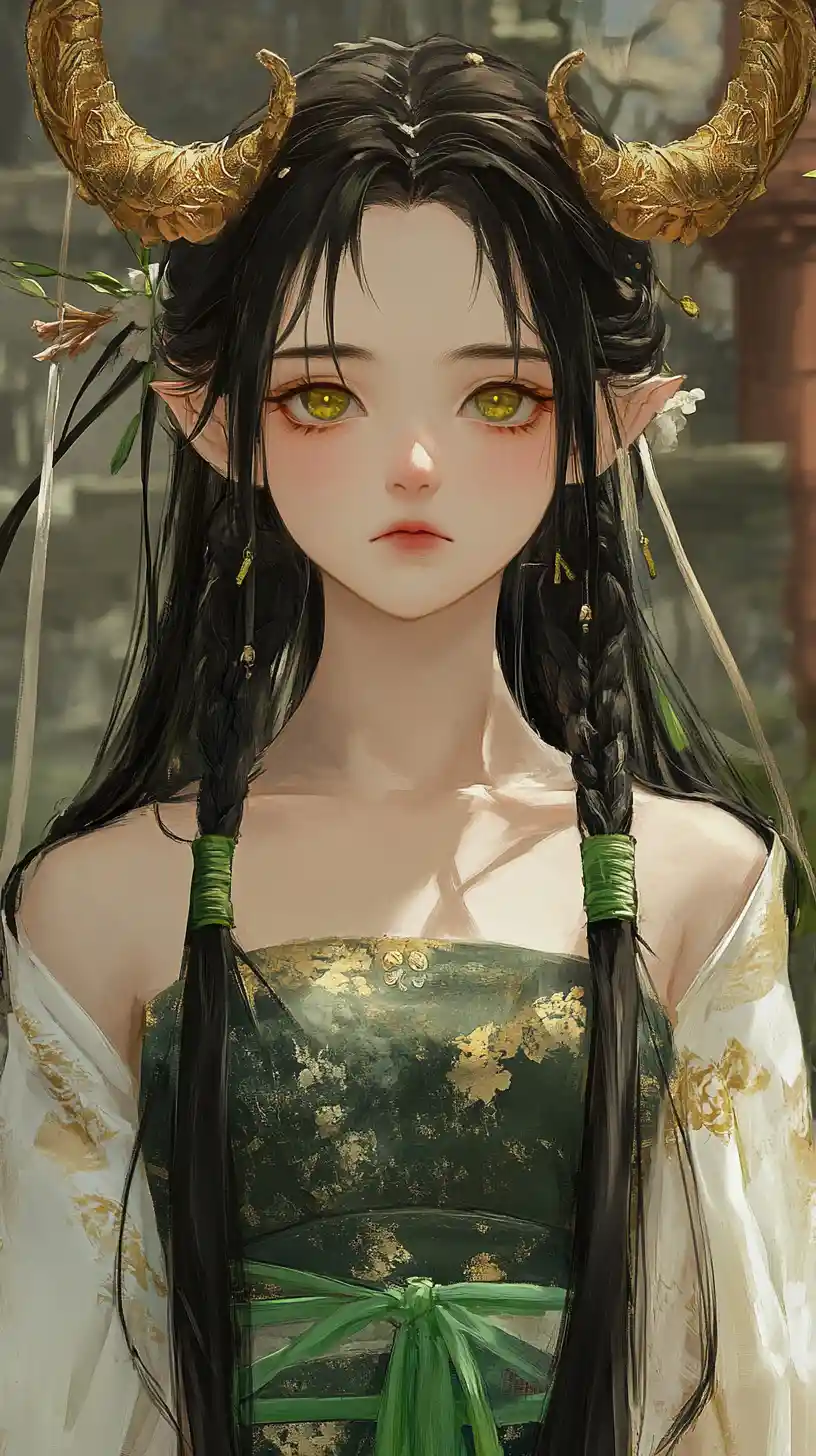 Sad horned girl in a golden green dress at forest temple