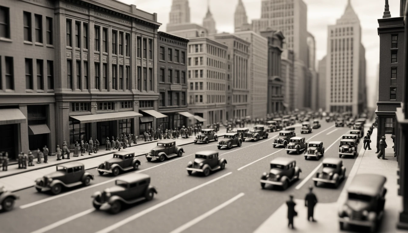 Tilt shift view of a miniature 1929 Wall Street cityscape