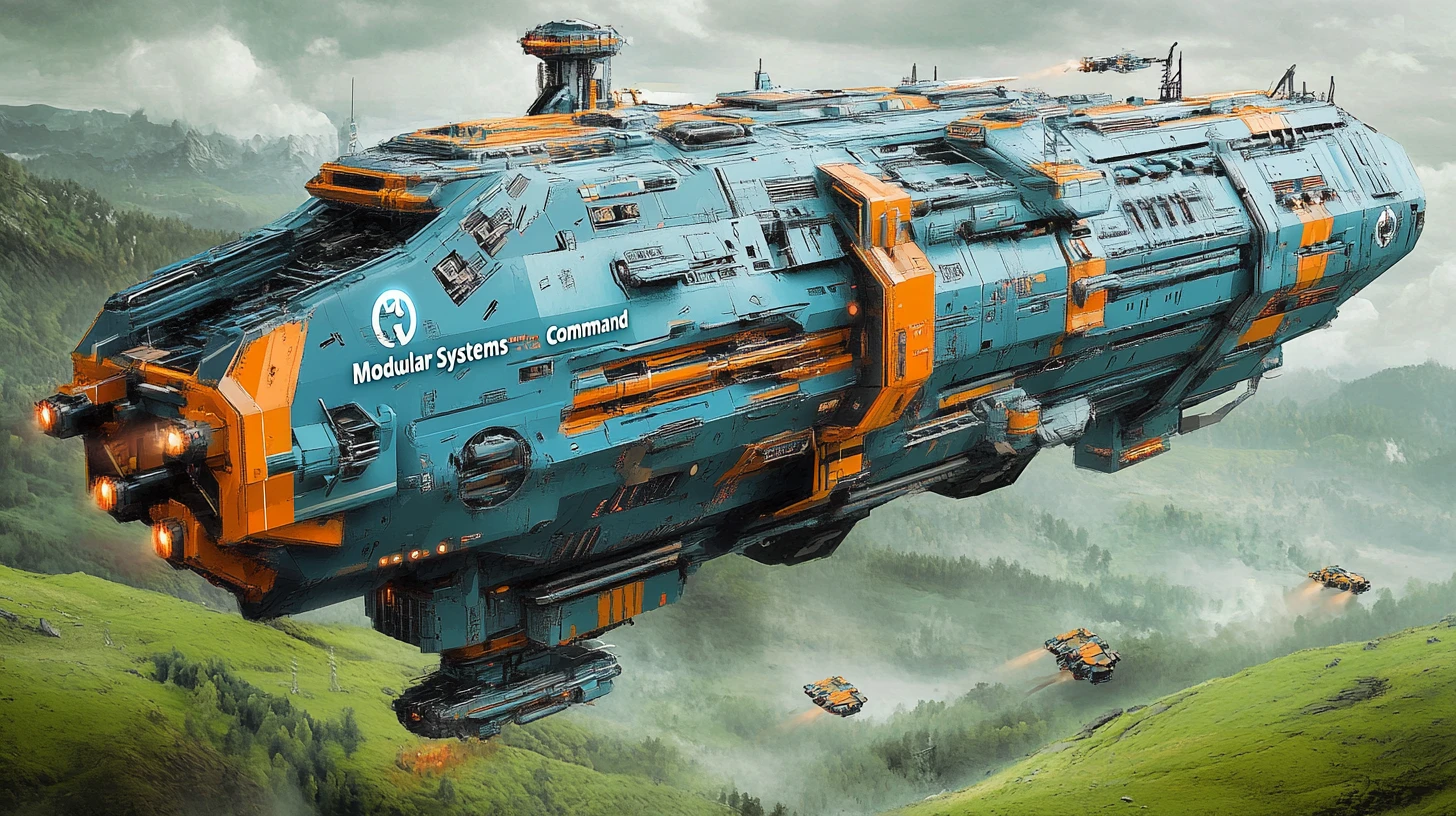 Gigantic modular cargo spaceship landed on green alien world