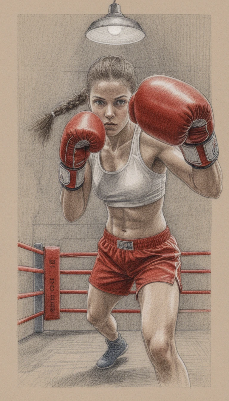 Athletic woman boxer in low angle defensive ring portrait