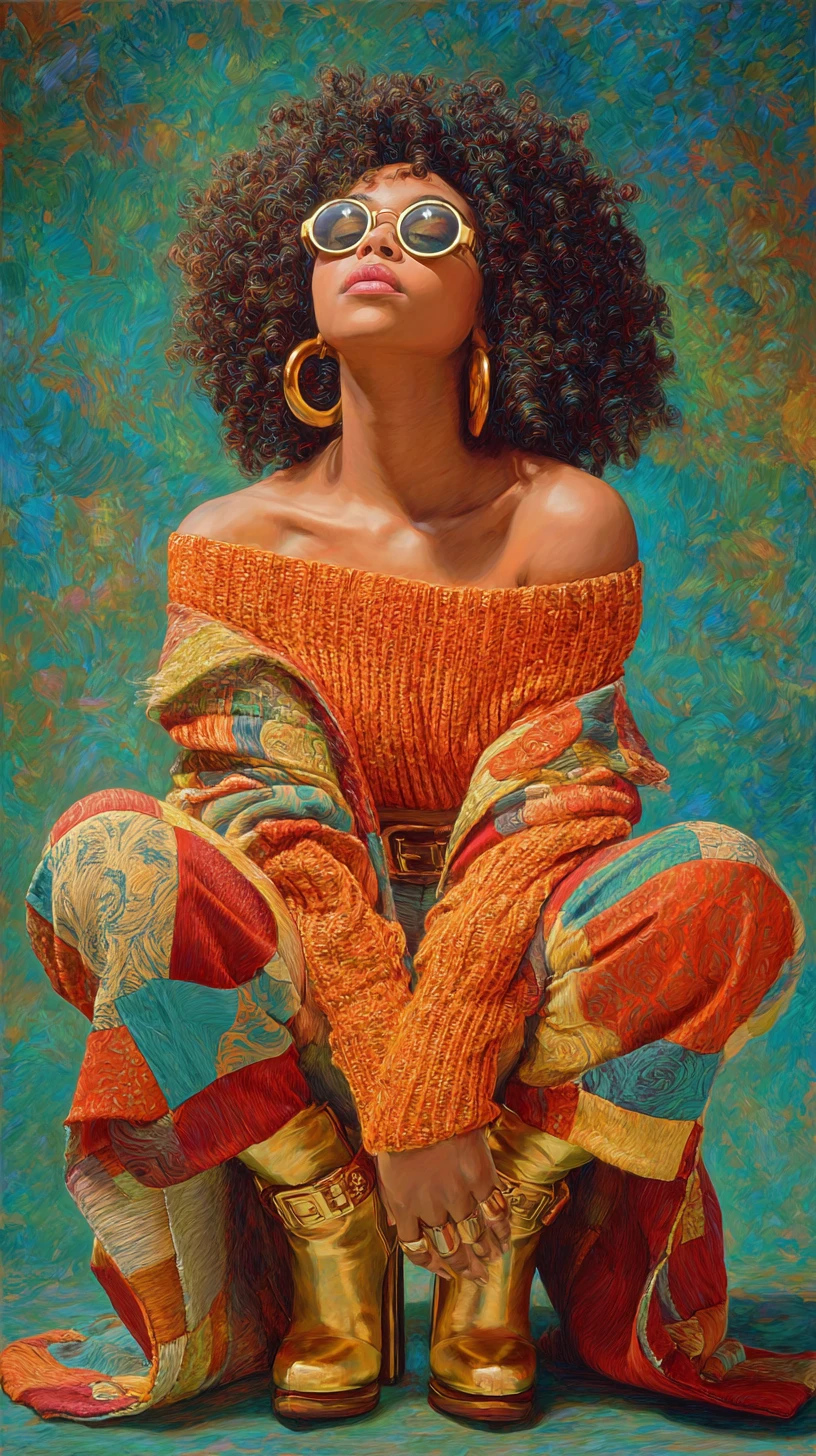 Young woman squatting in bold patchwork outfit