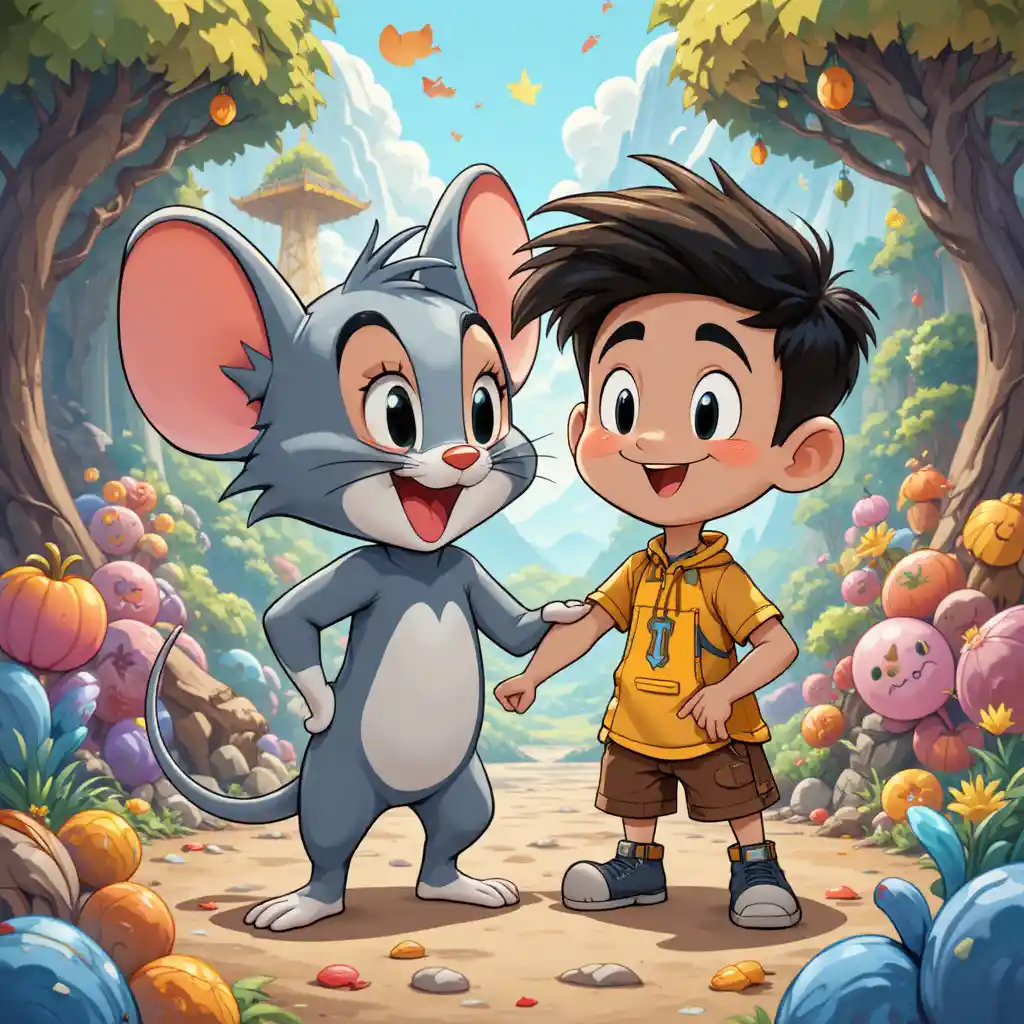 Playful cartoon mouse and boy in a colorful fantasy world