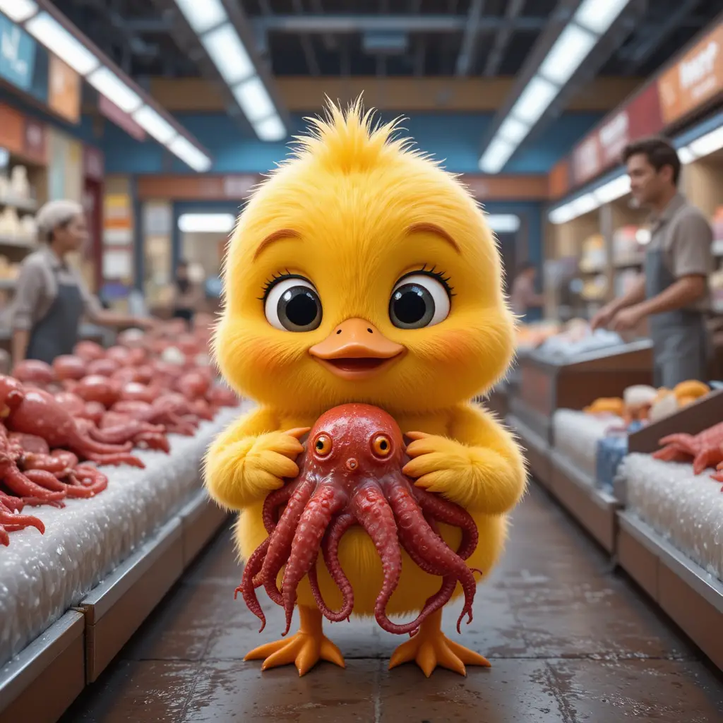 Cute baby duck holding red octopus in seafood market