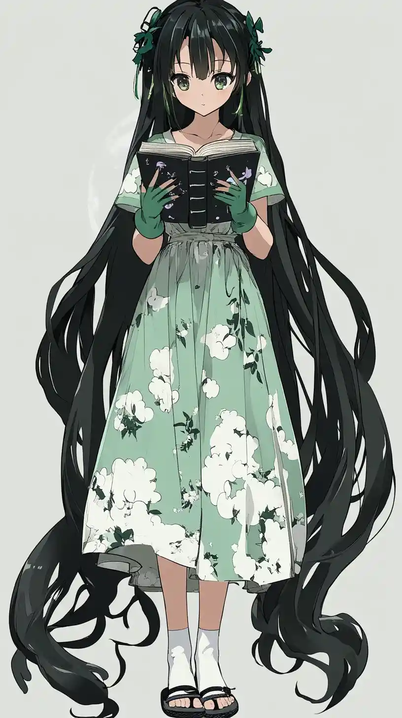 Anime girl reading a book in detailed patterned outfit