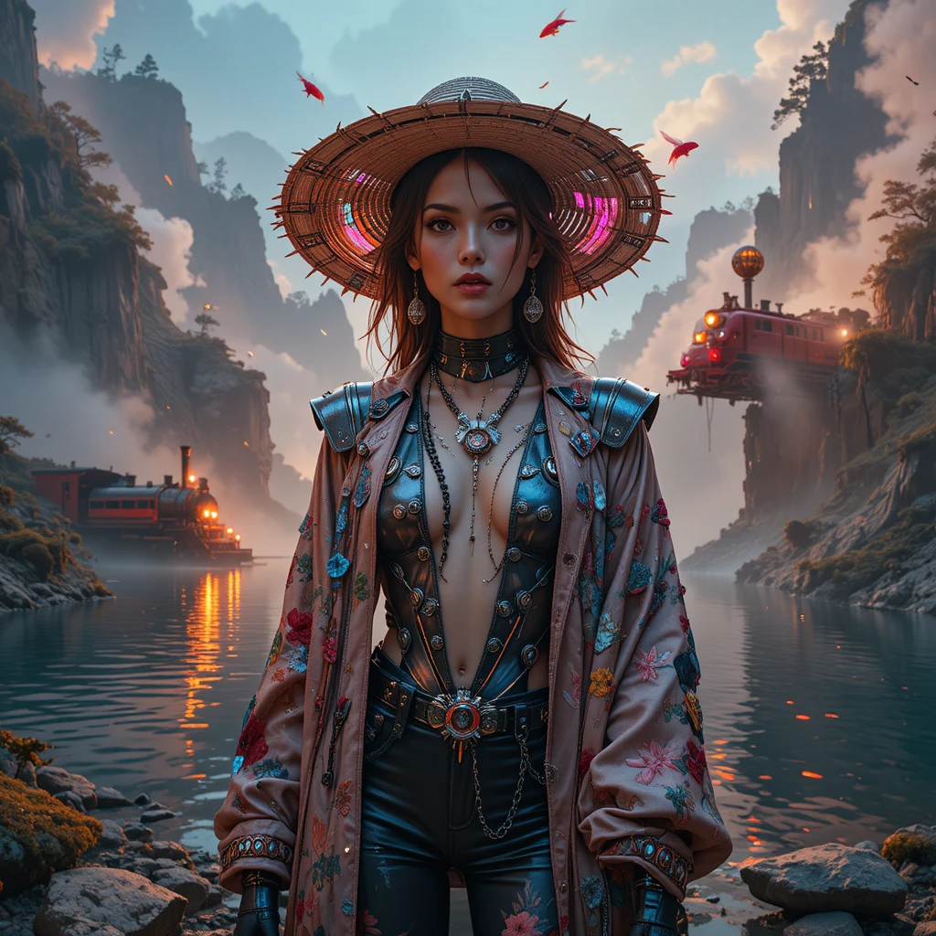 Cyberpunk warrior woman by glowing jungle mountain lake