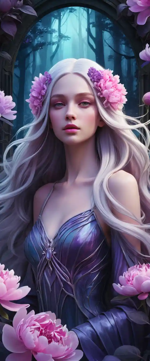 Ethereal silver haired goddess in an enchanted floral forest
