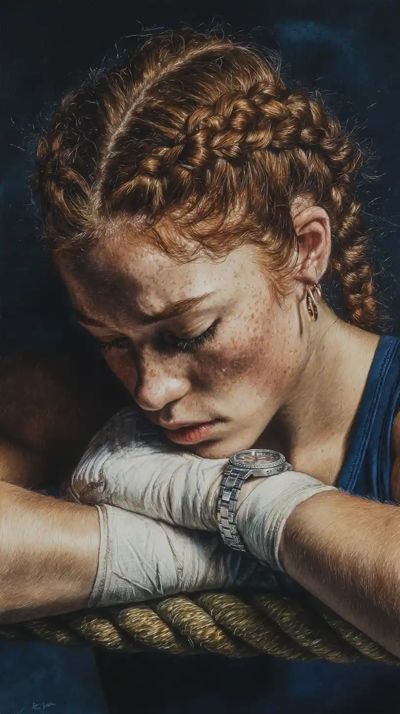 Exhausted woman boxer resting on ring ropes