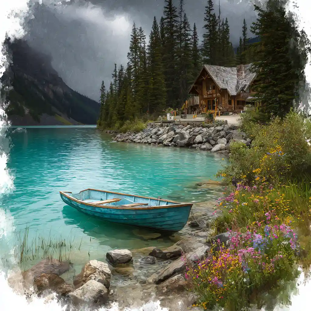 Cozy wooden cabin by a turquoise lake with rowboat