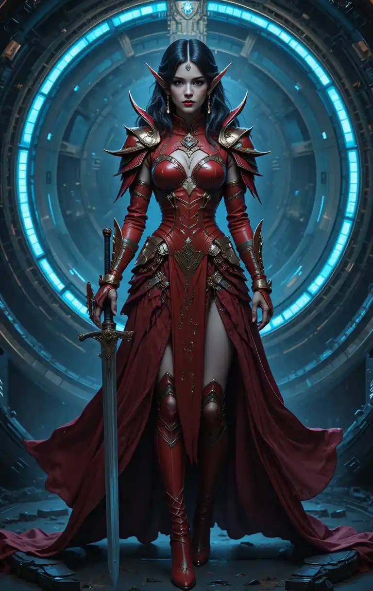 Elf warrior woman in red armor within blue sci fi ring
