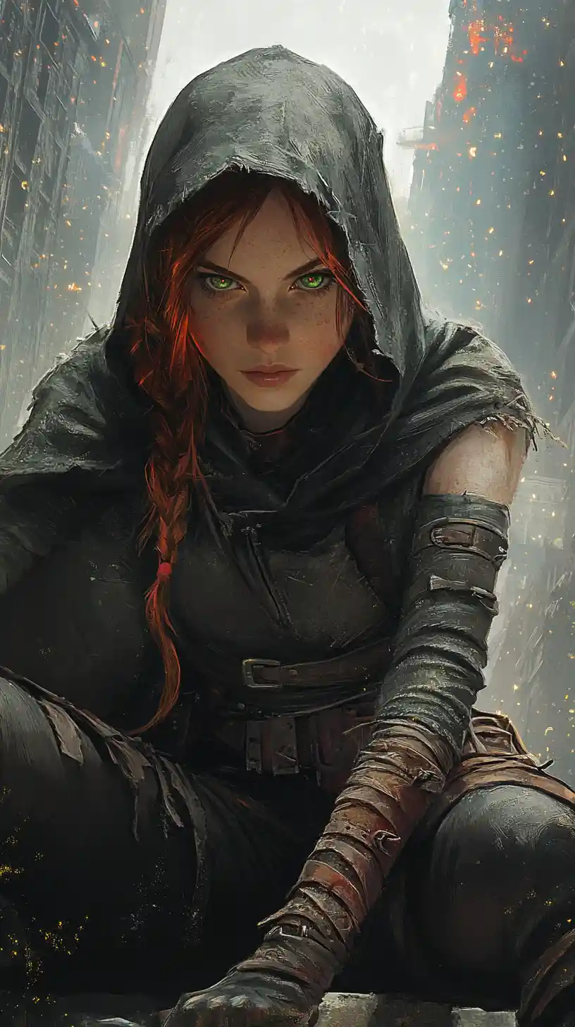 Hooded green eyed warrior woman in ruined city crouching
