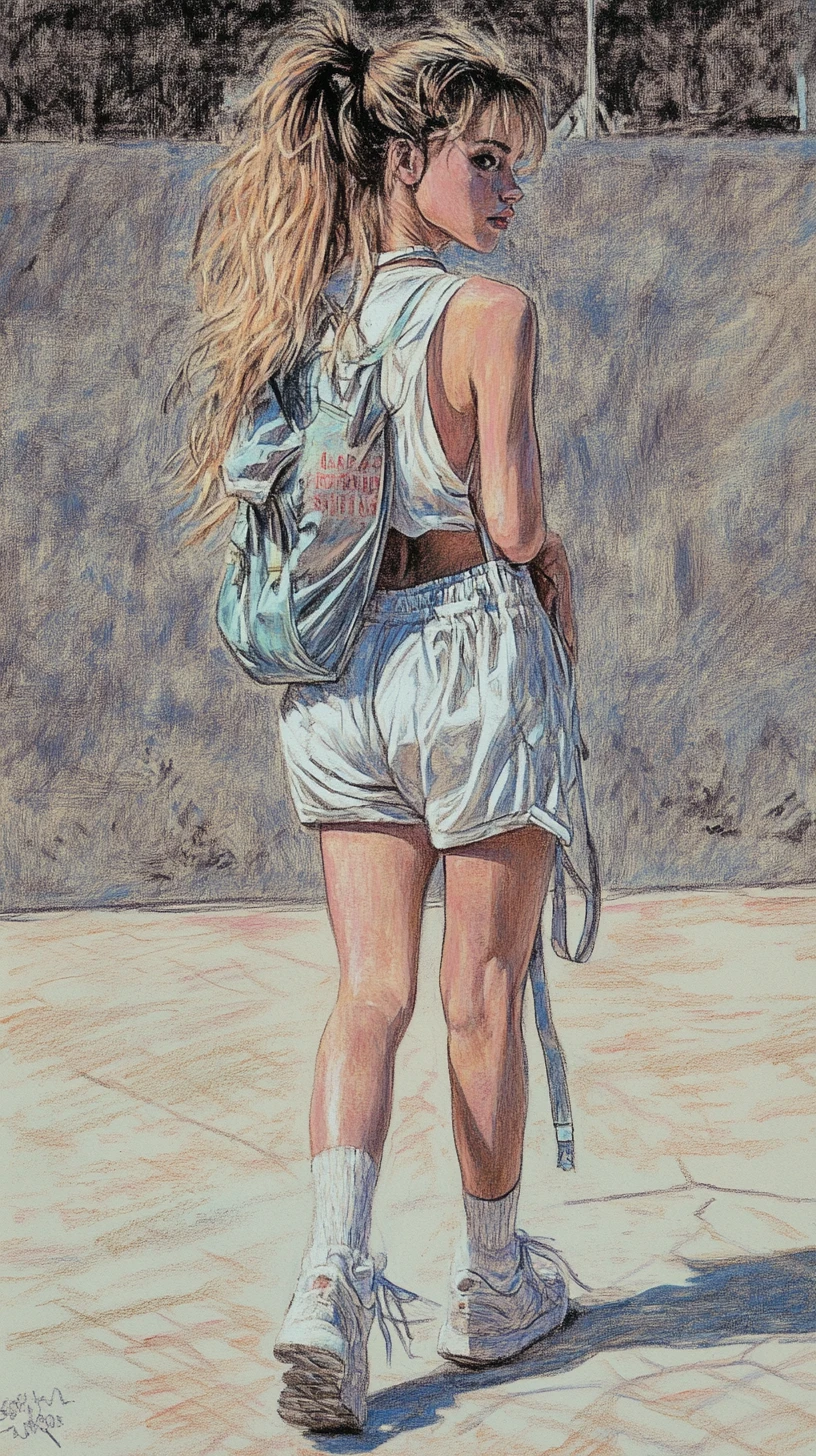 Athletic woman walking on urban basketball court drawing