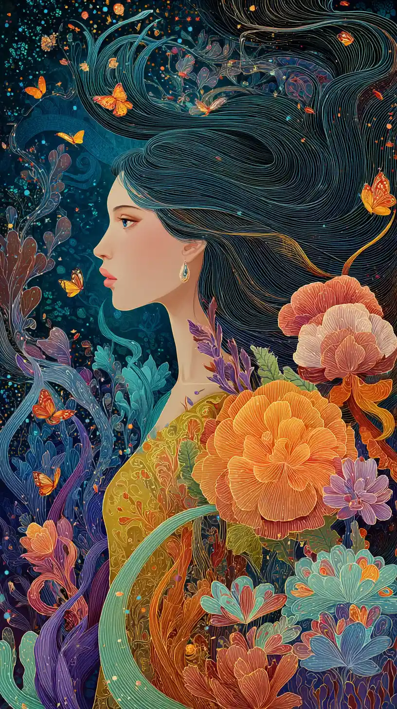 Serene woman in profile with flowing floral fantasy hair