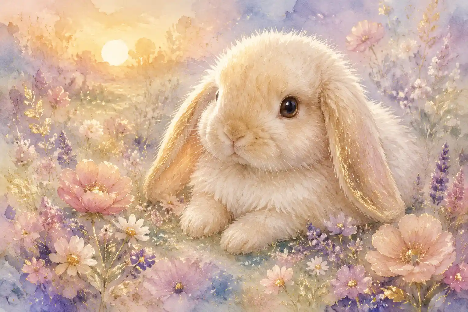 Watercolor baby rabbit among pastel wildflower blossoms