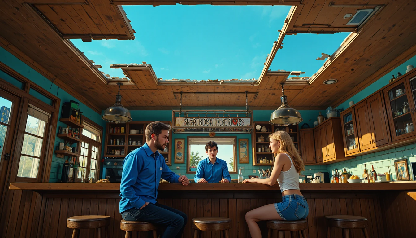 Tense bar conversation under damaged ceiling and warm daylight