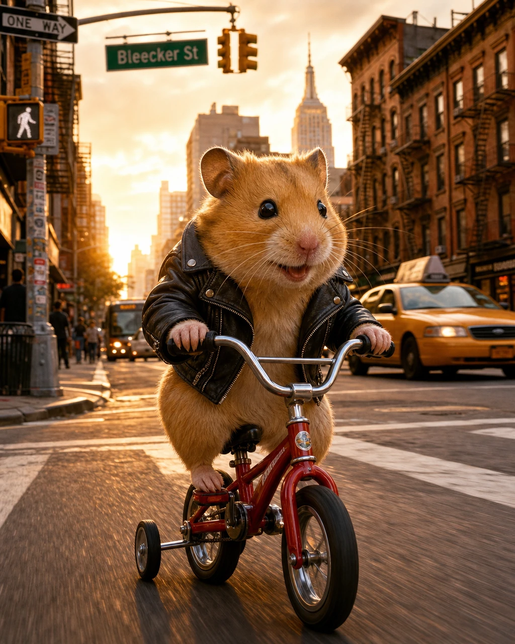 晴れたニューヨークの街を走るかわいいハムスターのサイクリング