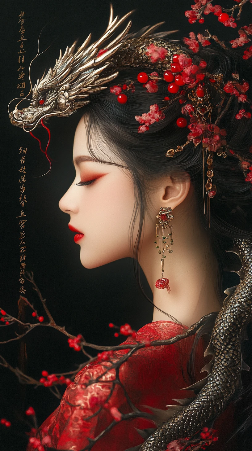 Asian woman with silver dragon and glowing red blossoms