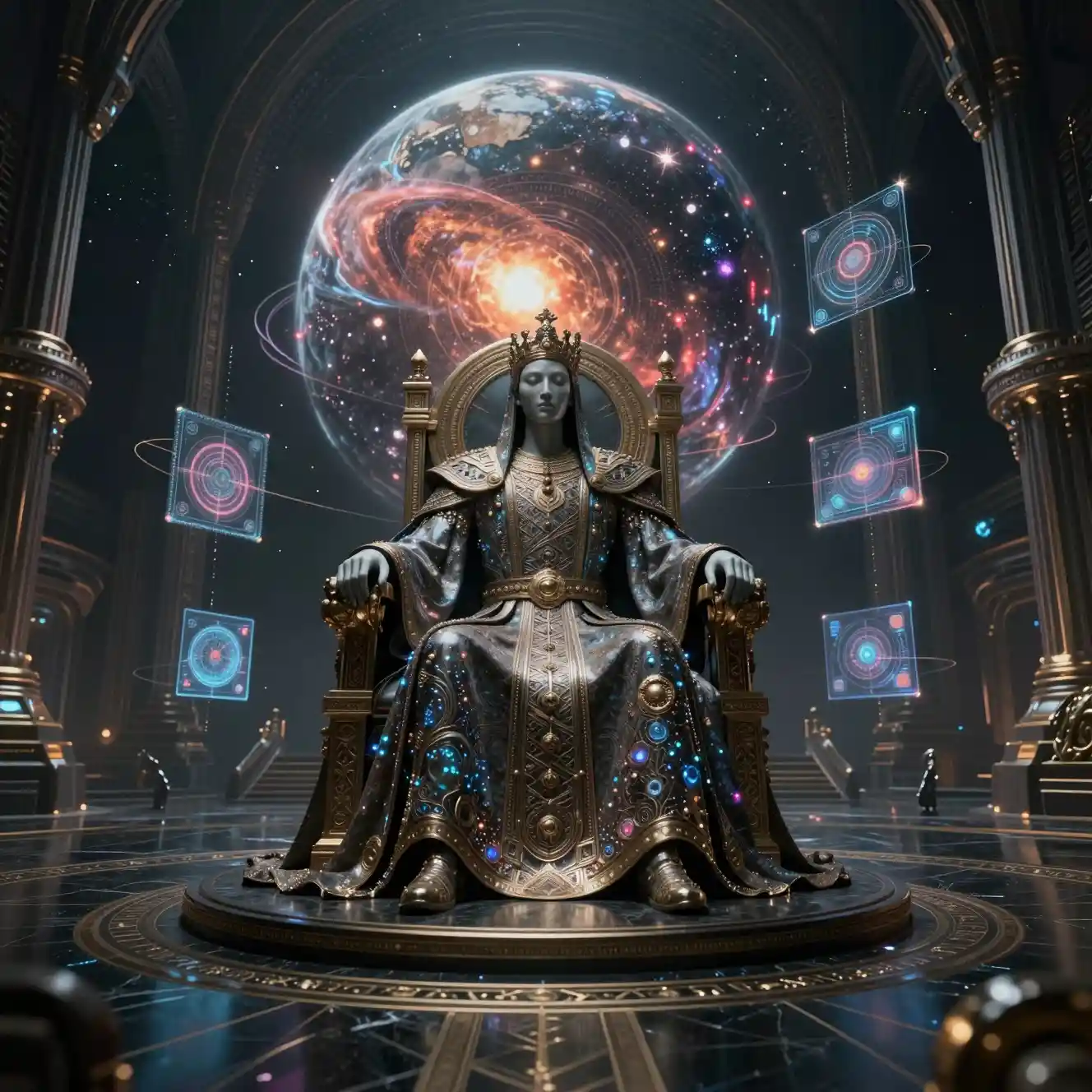 Post human emperor on a cosmic throne in vast dark hall