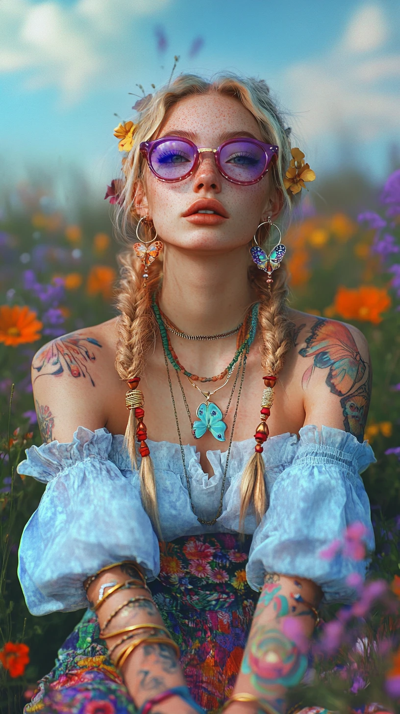 Bohemian girl with tattoos in a sunlit wildflower field