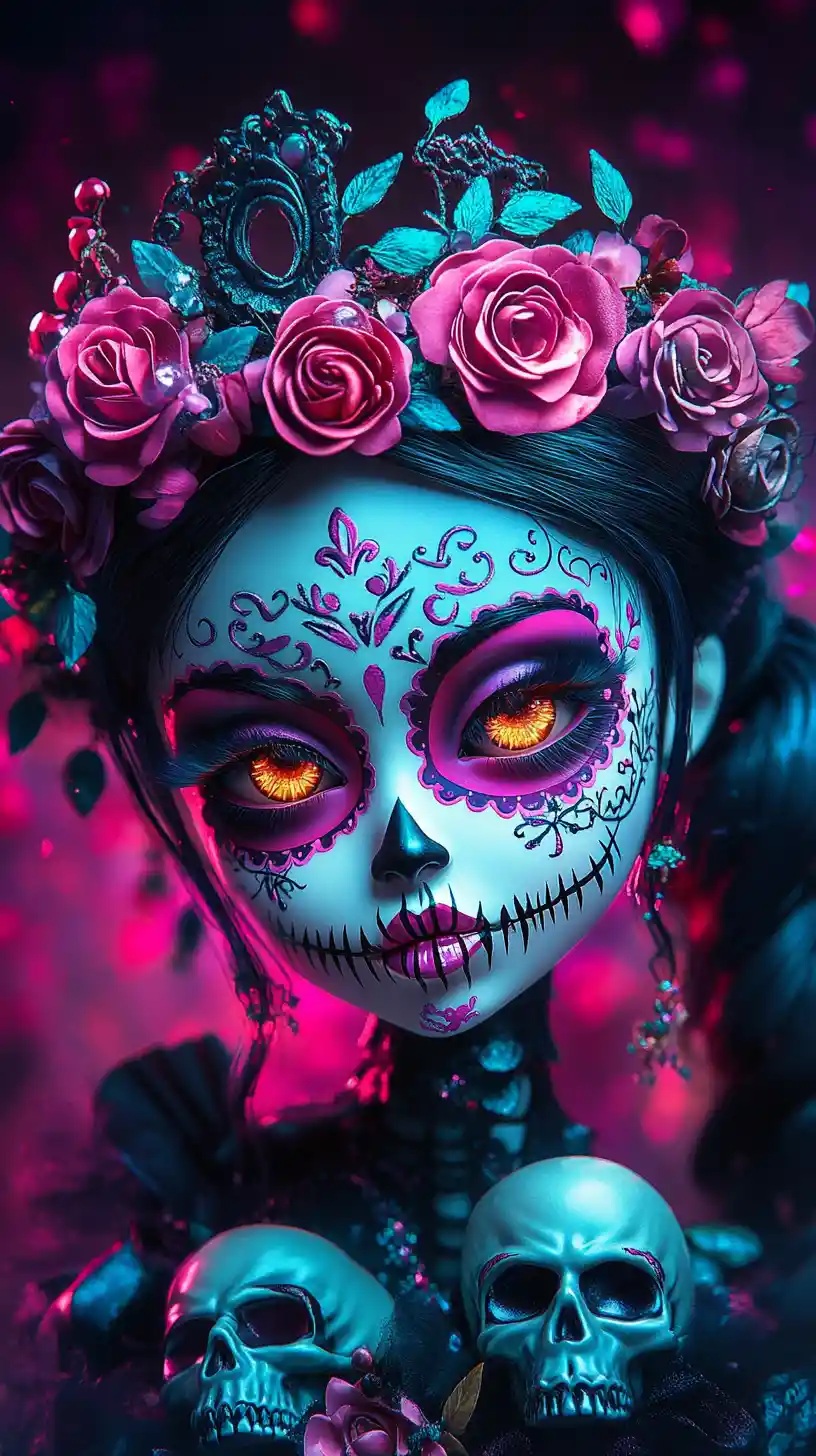 Gothic doll girl with glowing eyes and floral skull crown
