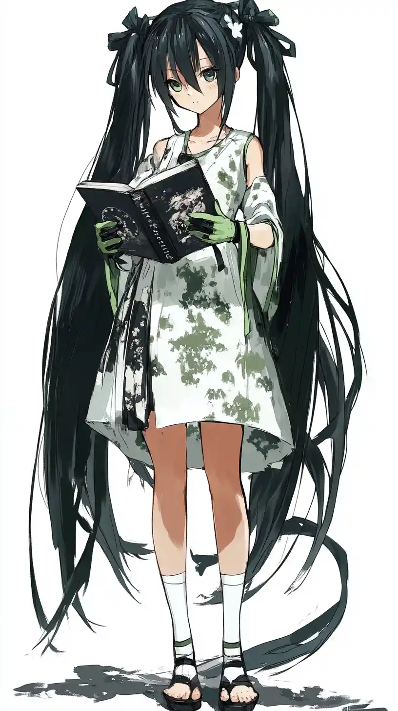Anime girl reading a book in detailed patterned outfit