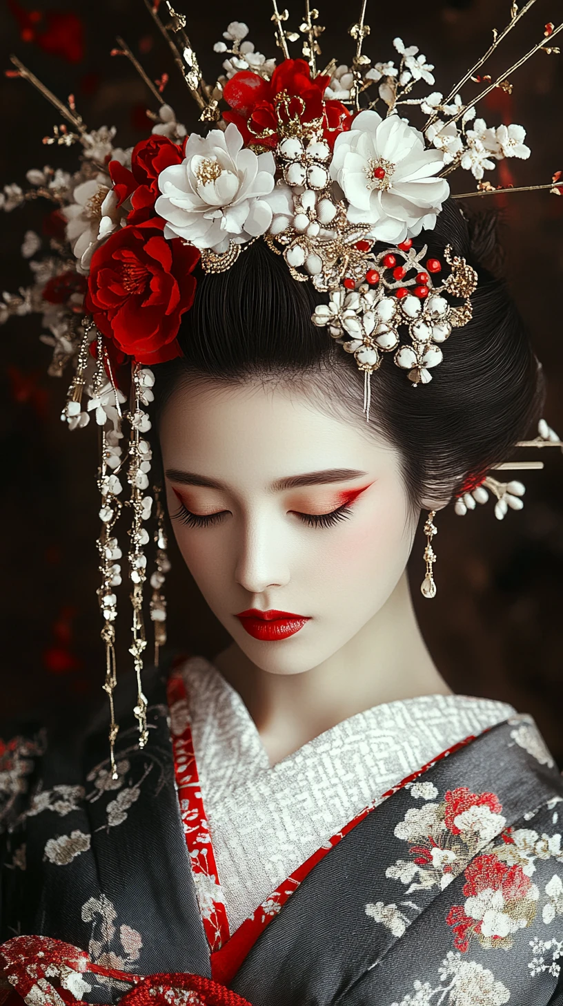 Japanese woman in kimono with floral hairpins and red makeup