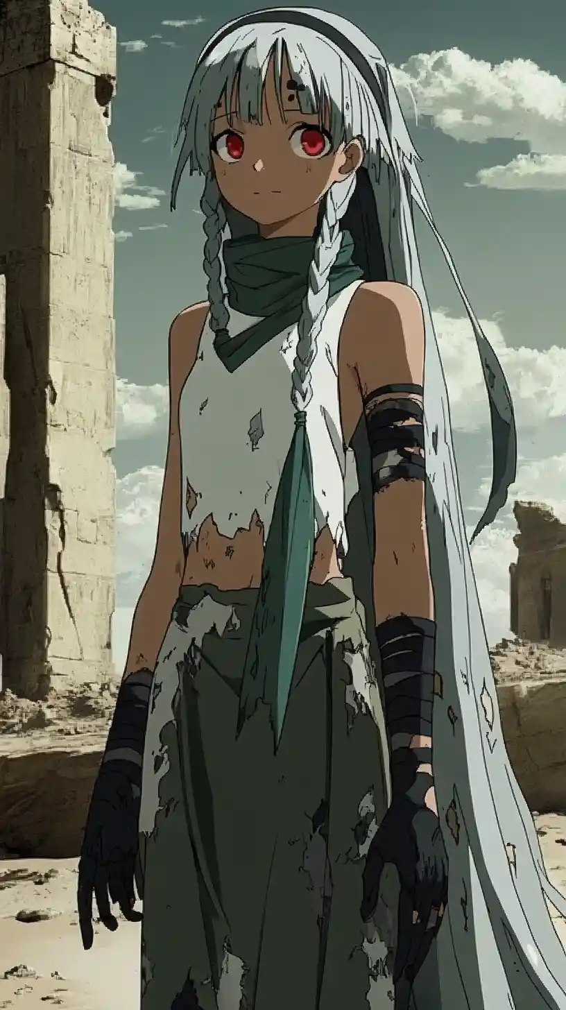 Anime girl on a ruined tower balcony under desert stars