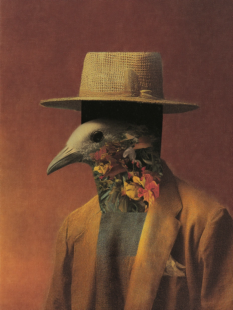 Collage vintage surreal y melancólico con composición abstracta minimalista