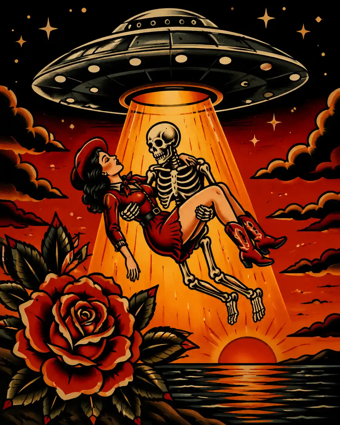 Vintage tattoo illustration of a woman abducted by a flying saucer