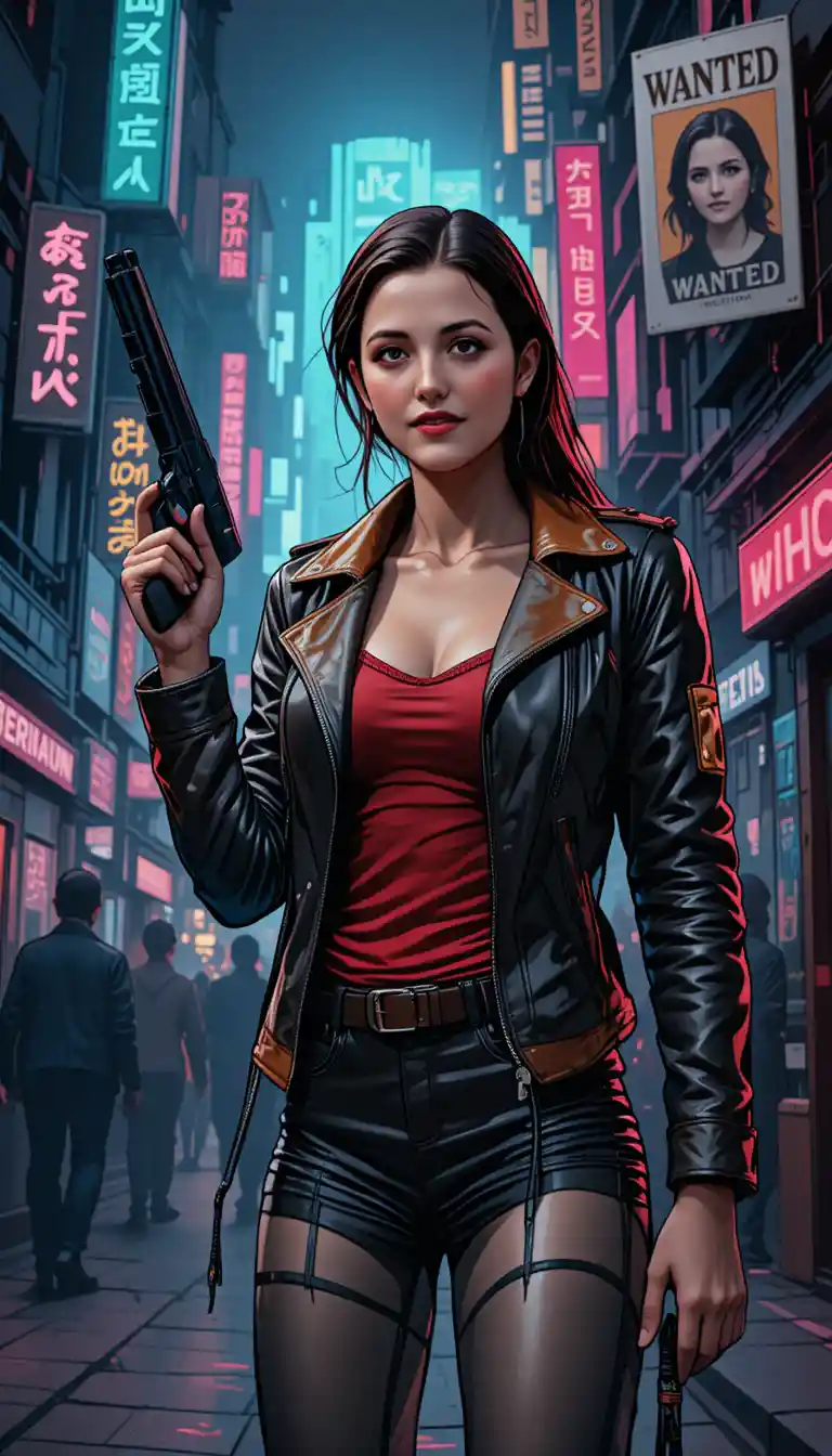 Armed woman in neon cyberpunk street with wanted poster