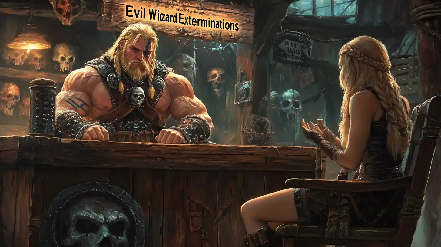 Barbarian warrior at a desk in a colorful fantasy office