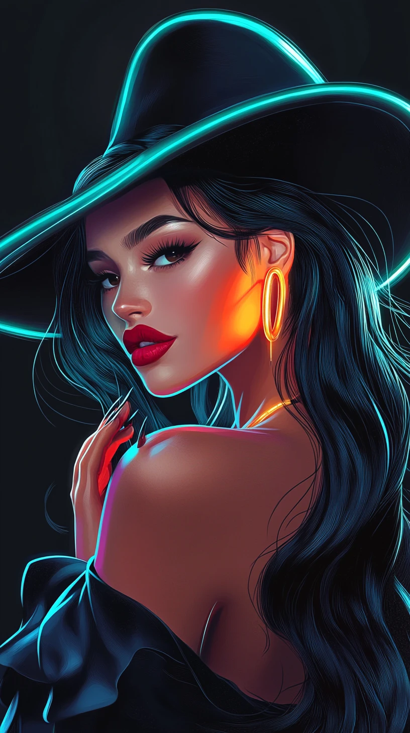 Glamorous woman in neon hat profile portrait