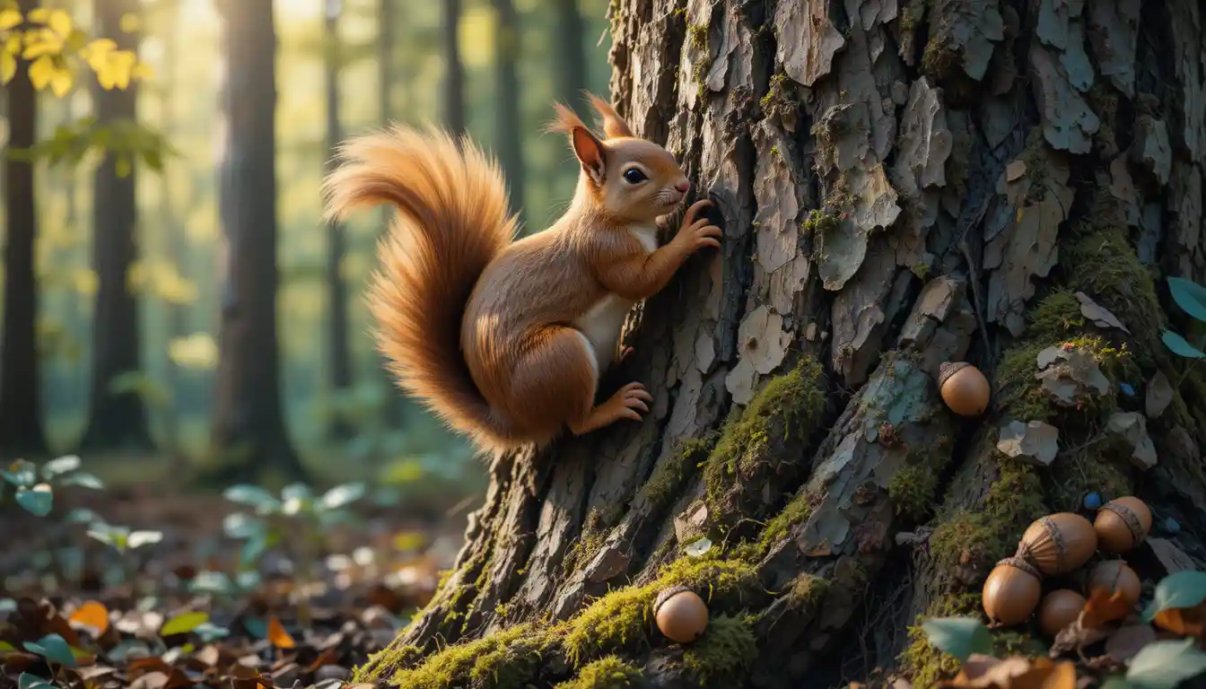 Close up squirrels climbing a tree in autumn forest