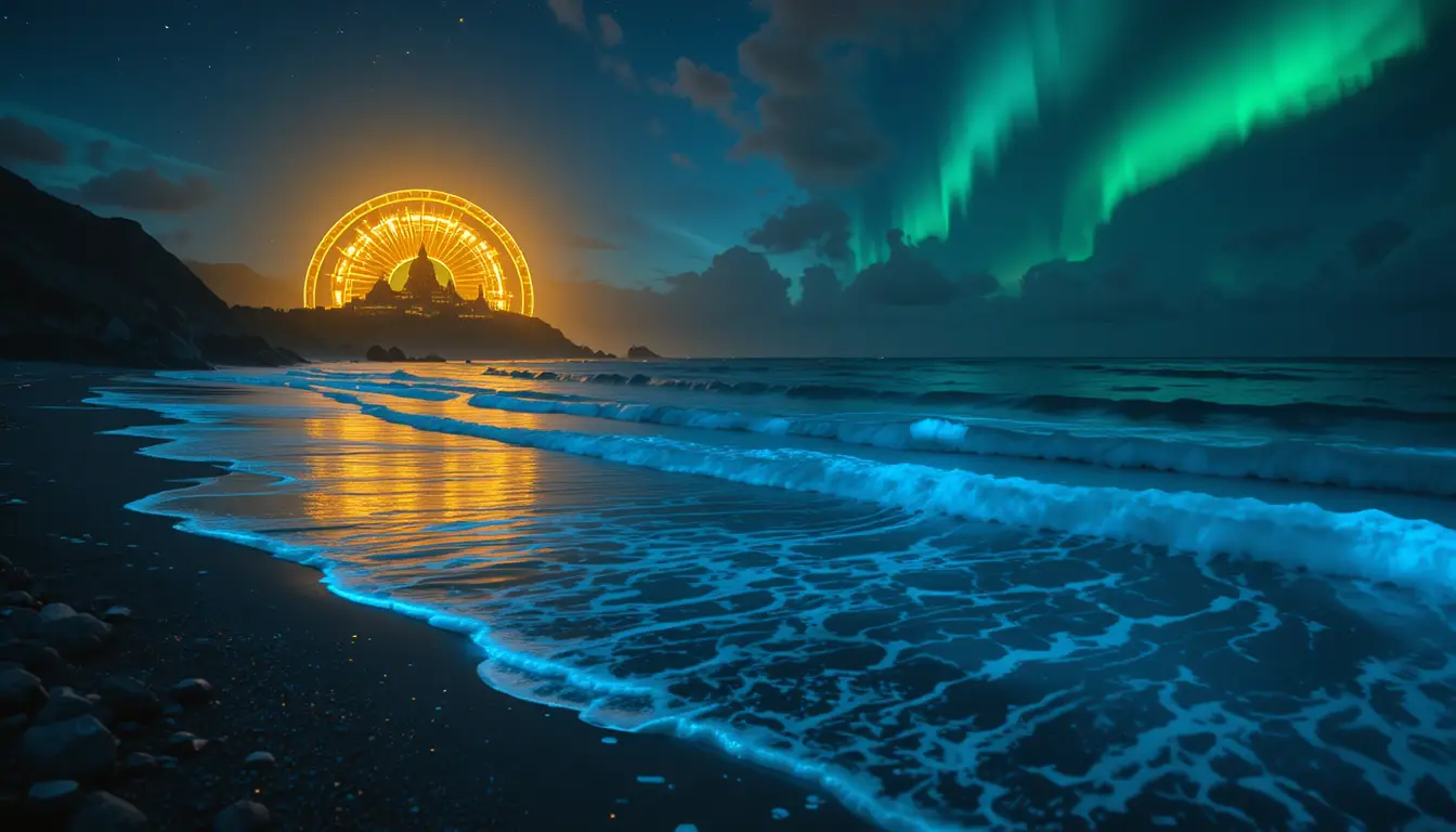 Bioluminescent waves glowing along a calm night beach