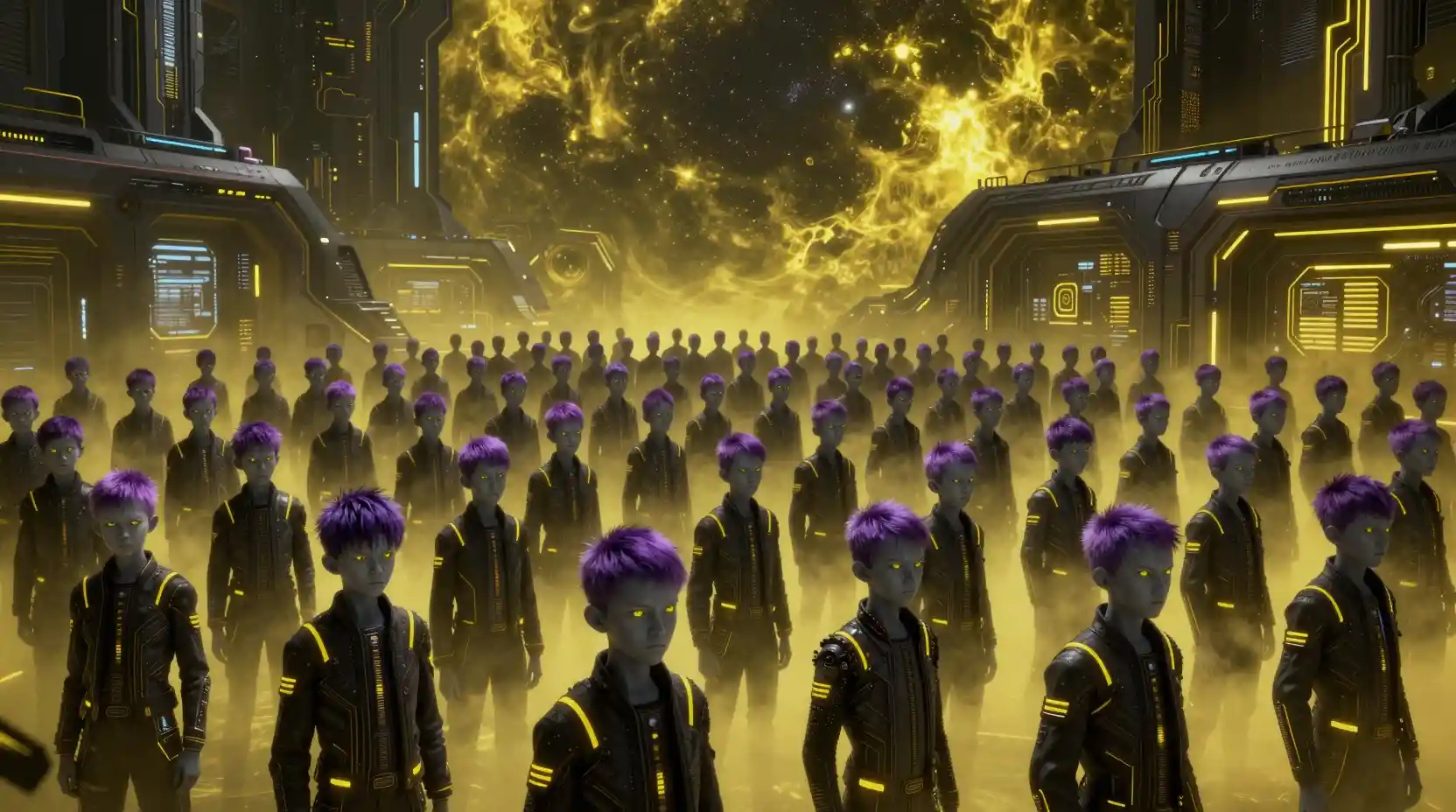 Vast crowd of sci fi teenage boys in neon facility