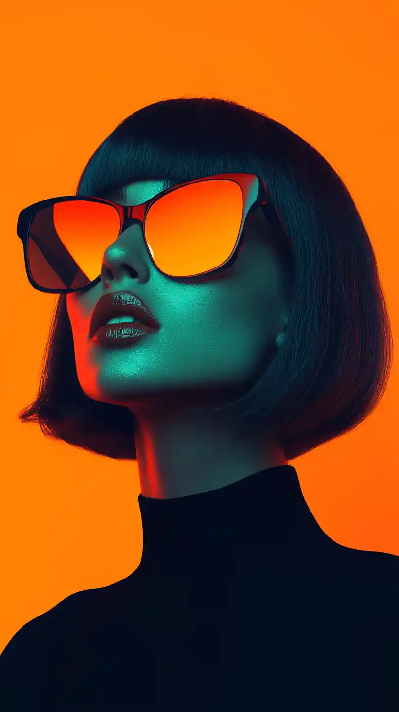 Turquoise woman in cat eye sunglasses on orange background