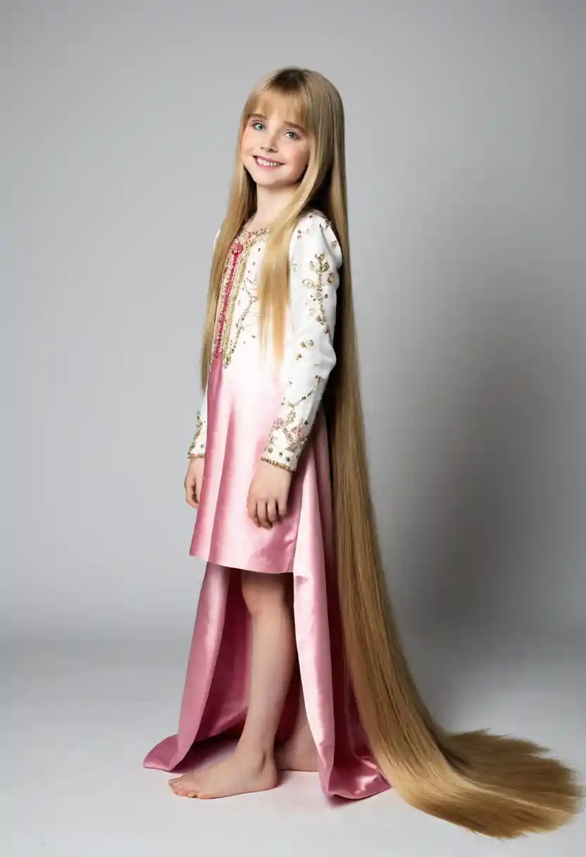 Smiling woman with floor length straight hair in side profile