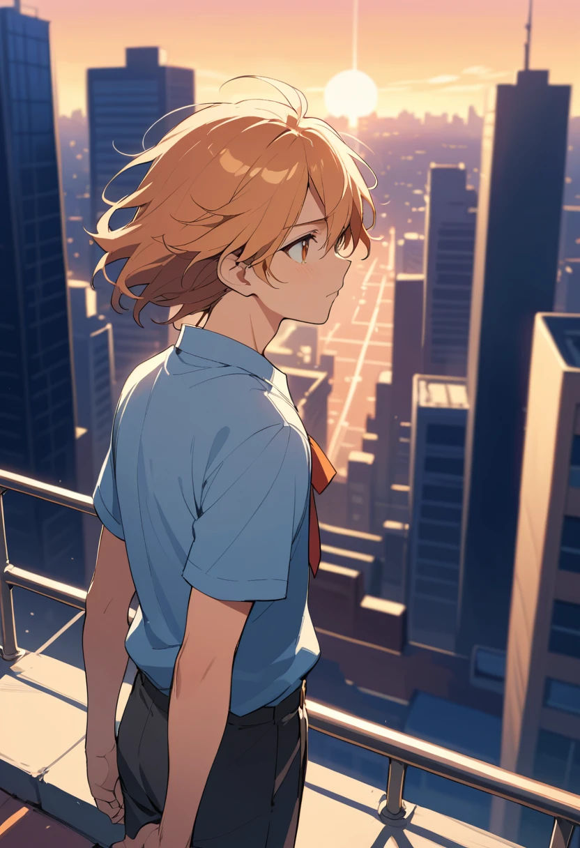 Anime boy on school rooftop at golden hour