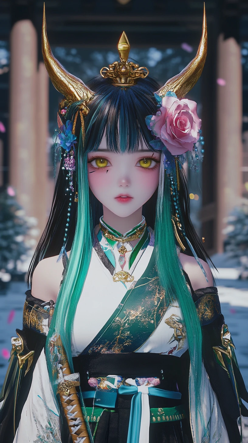 Sad horned girl in a golden dress at a stone temple