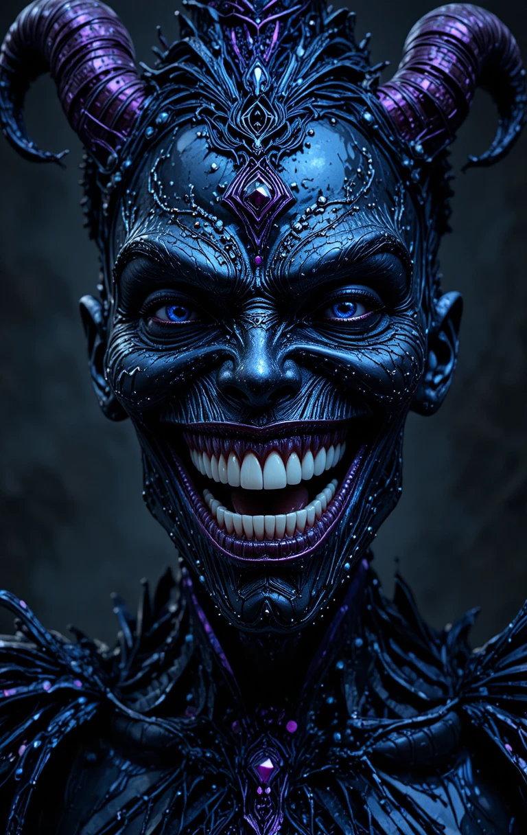 Smiling metallic horror creature with gleaming white teeth