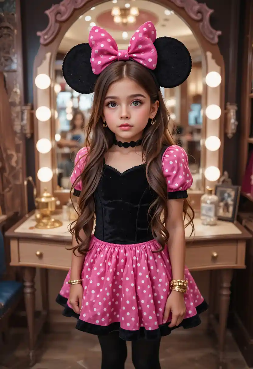 Tween boy dressed as Minnie Mouse at boutique vanity