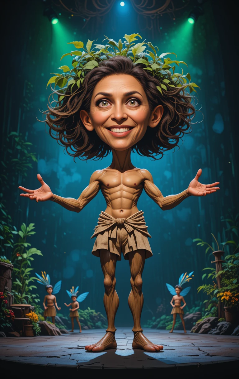 Cartoon forest spirit on stage with glowing fairy lights