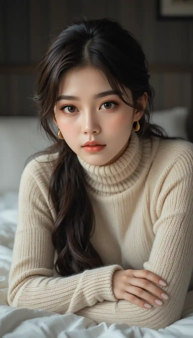 Young chinese woman in cozy bedroom portrait