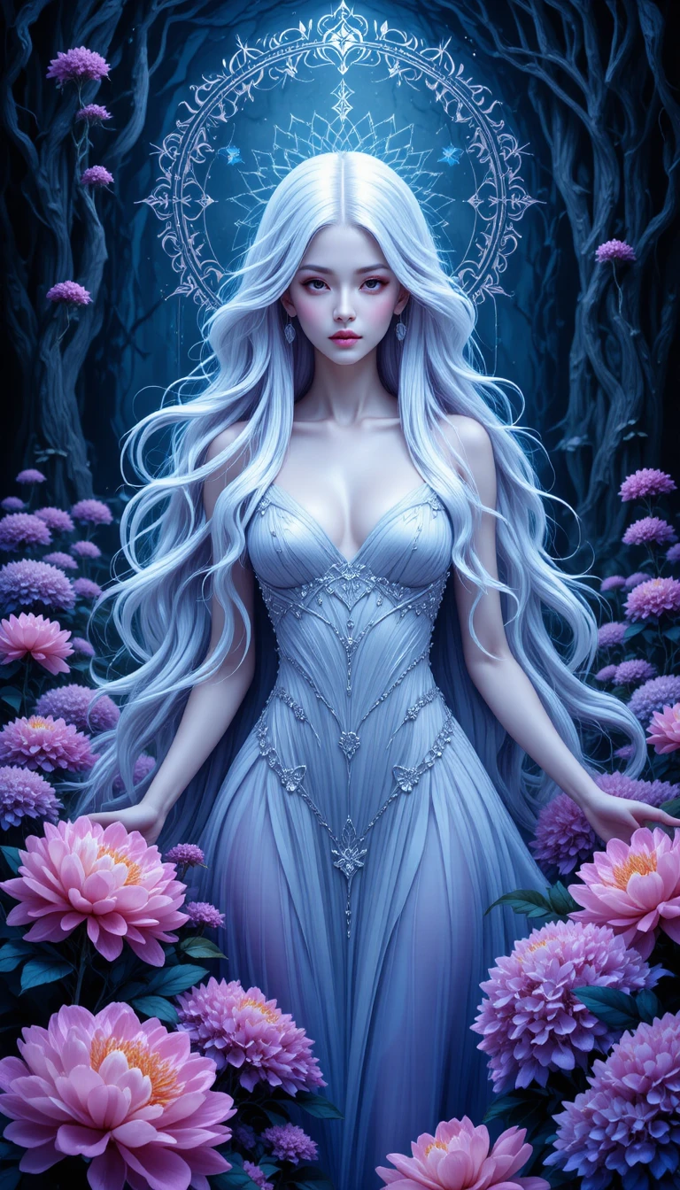 Ethereal silver haired goddess amid lush pink and purple flowers