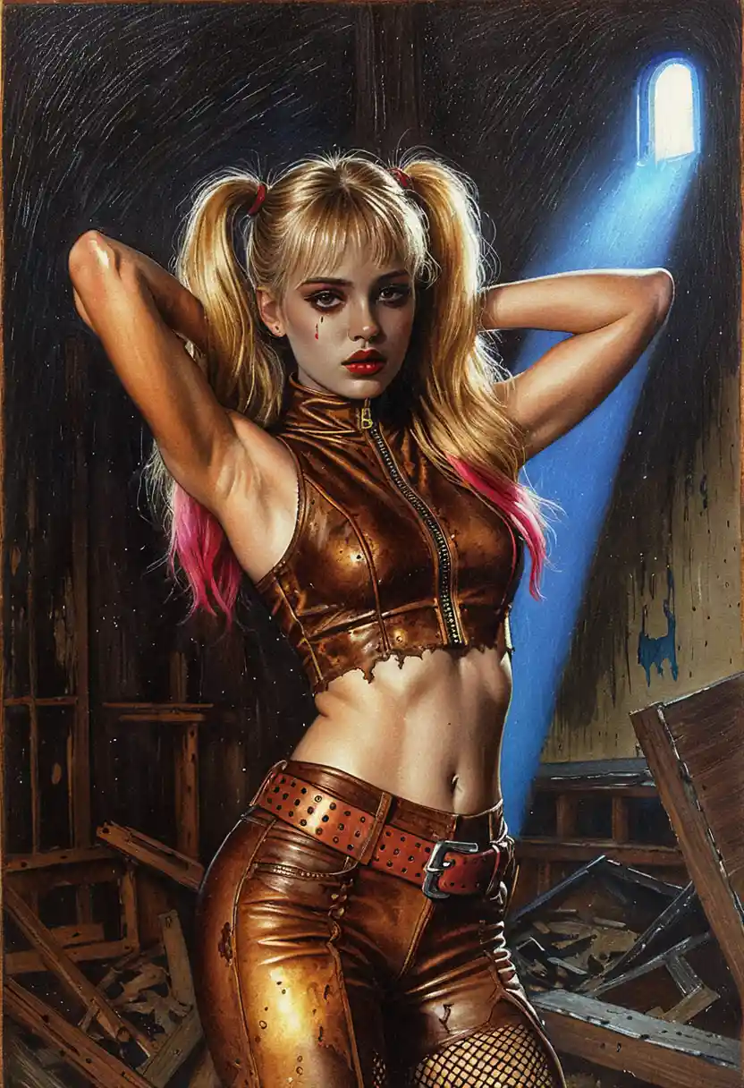 Blonde woman in leather pose under moonlit window