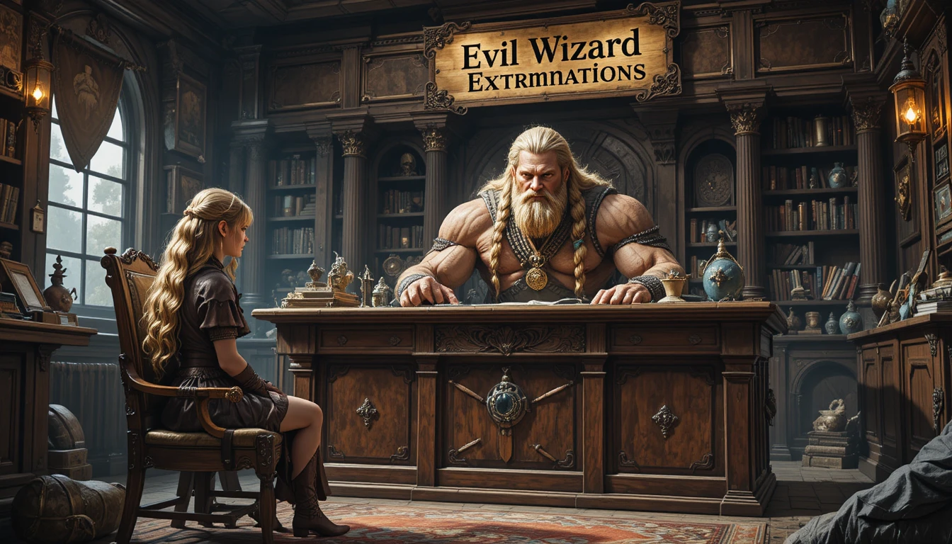 Barbarian warrior at a grand desk in fantasy office