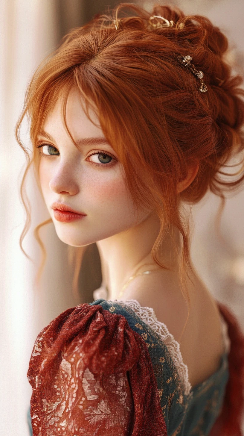 Red haired girl in soft light with blue dress portrait