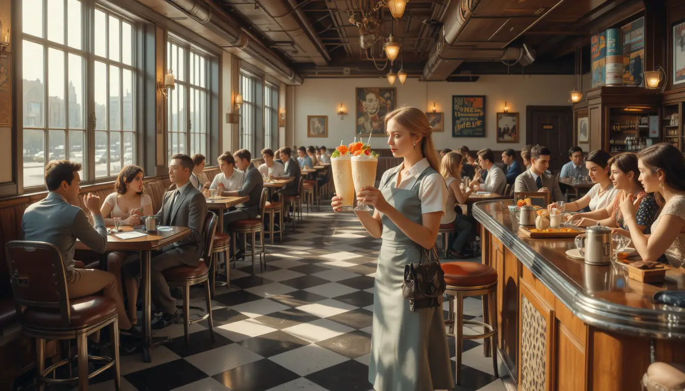 1950 年代餐廳女服務生在溫暖陽光下端著奶昔