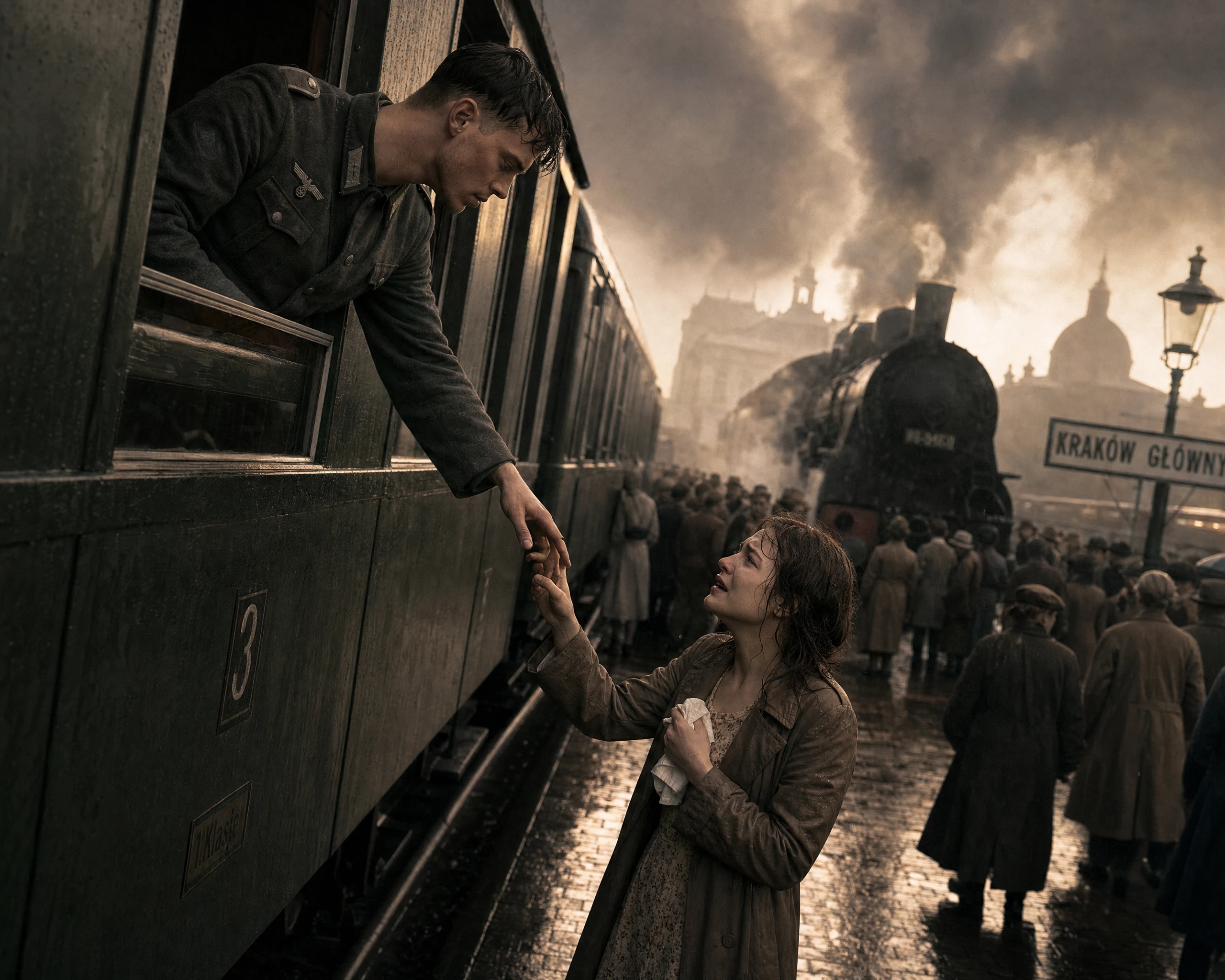 Wartime farewell between lovers at a European train station