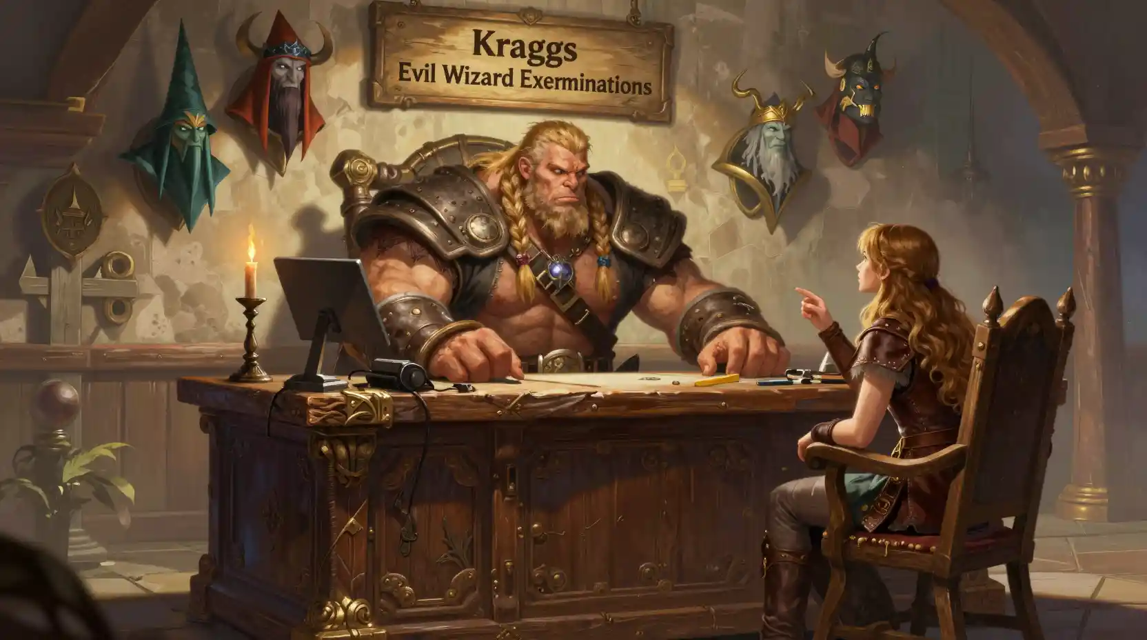 Muscular barbarian at a fantasy desk in bright office