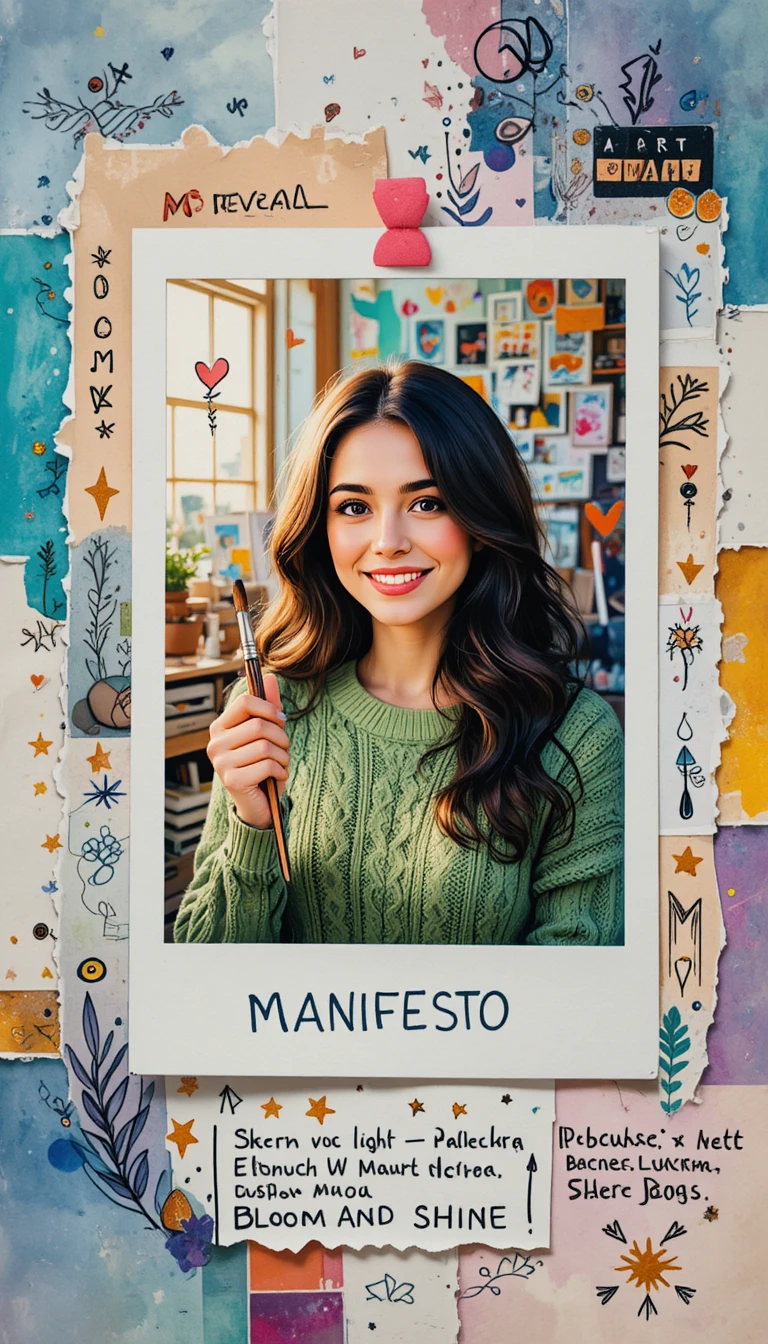 Smiling woman in green sweater painting in layered collage